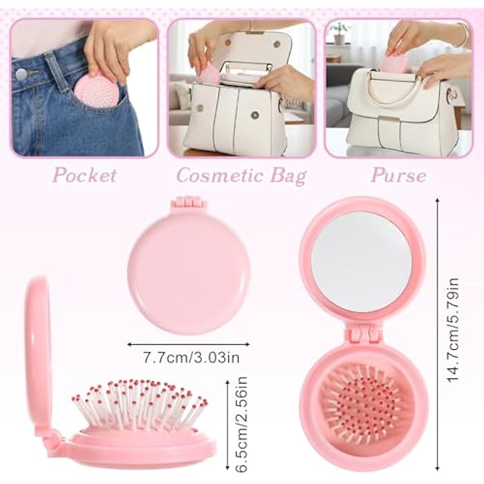 Matwsec Mini Travel Brush for Women Folding Hair Brush Portable Mini Hairbrush with Mirror, Compact Pop Up Pocket Brushes, Small Travel Size Flip Brushes for Purse Girls Wet and Dry Hair, Pink - Image 2